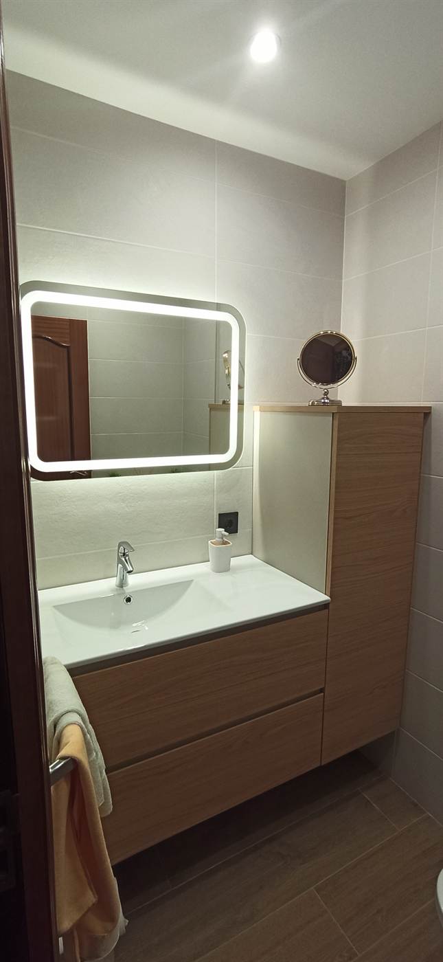 Baño con espejo, radiador toallero y mampara de ducha